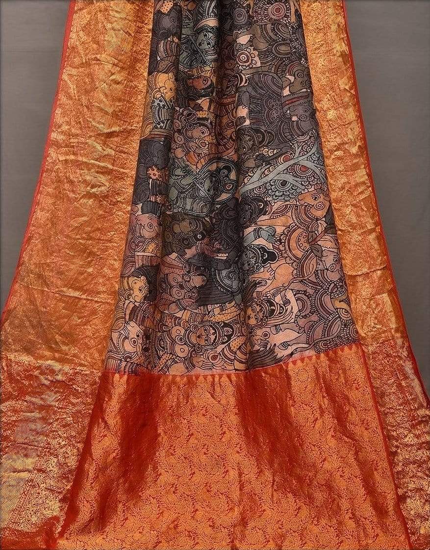 Multicolor Kalamkari Hand Painted Kanchipuram Silk Handloom Saree with Krishna Design KL0427