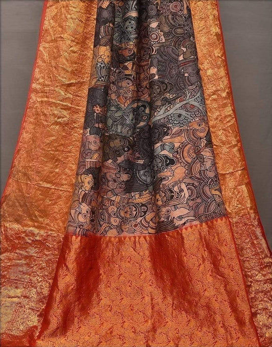 Multicolor Kalamkari Hand Painted Kanchipuram Silk Handloom Saree with Krishna Design KL0427