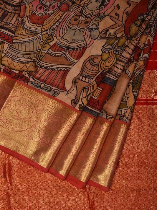 Multicolor Kalamkari Hand Painted Kanchipuram Silk Handloom Saree with Krishna Leela Design KL0523