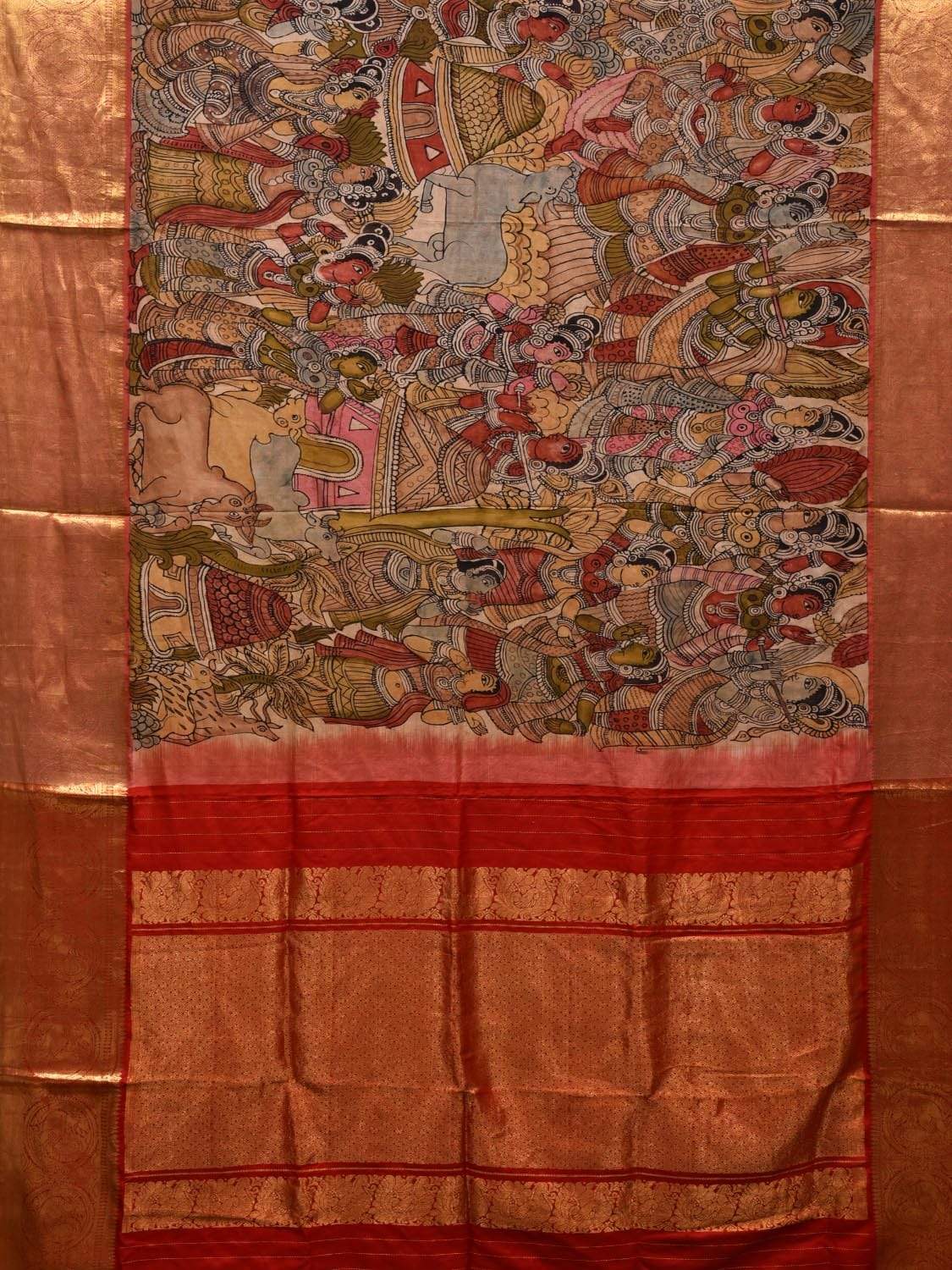 Multicolor Kalamkari Hand Painted Kanchipuram Silk Handloom Saree with Krishna Leela Design KL0523