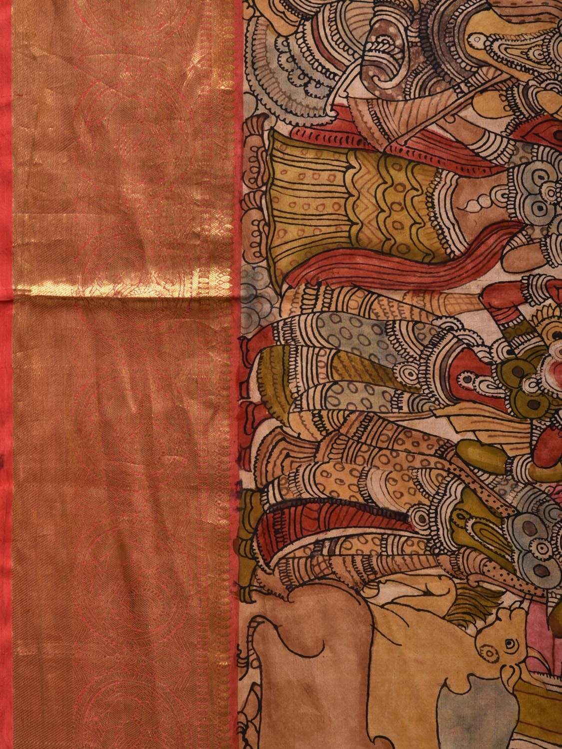 Multicolor Kalamkari Hand Painted Kanchipuram Silk Handloom Saree with Krishna Leela Design KL0523