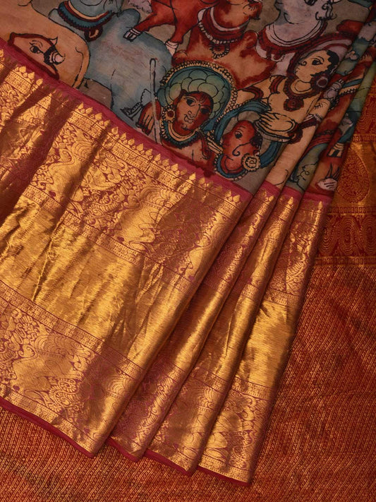 Multicolor Kalamkari Hand Painted Kanchipuram Silk Handloom Saree with Krishna Leela Design KL0524