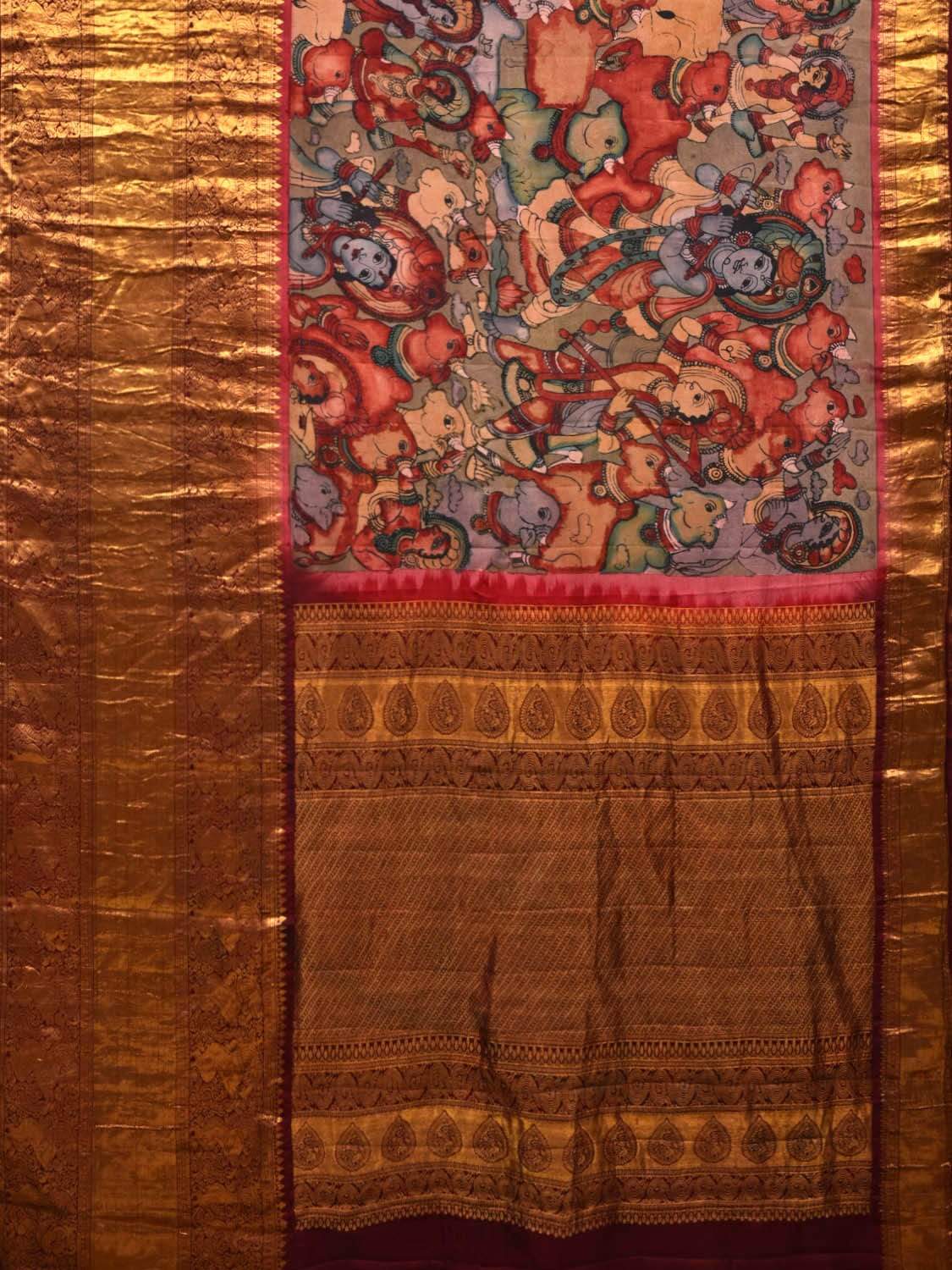 Multicolor Kalamkari Hand Painted Kanchipuram Silk Handloom Saree with Krishna Leela Design KL0533