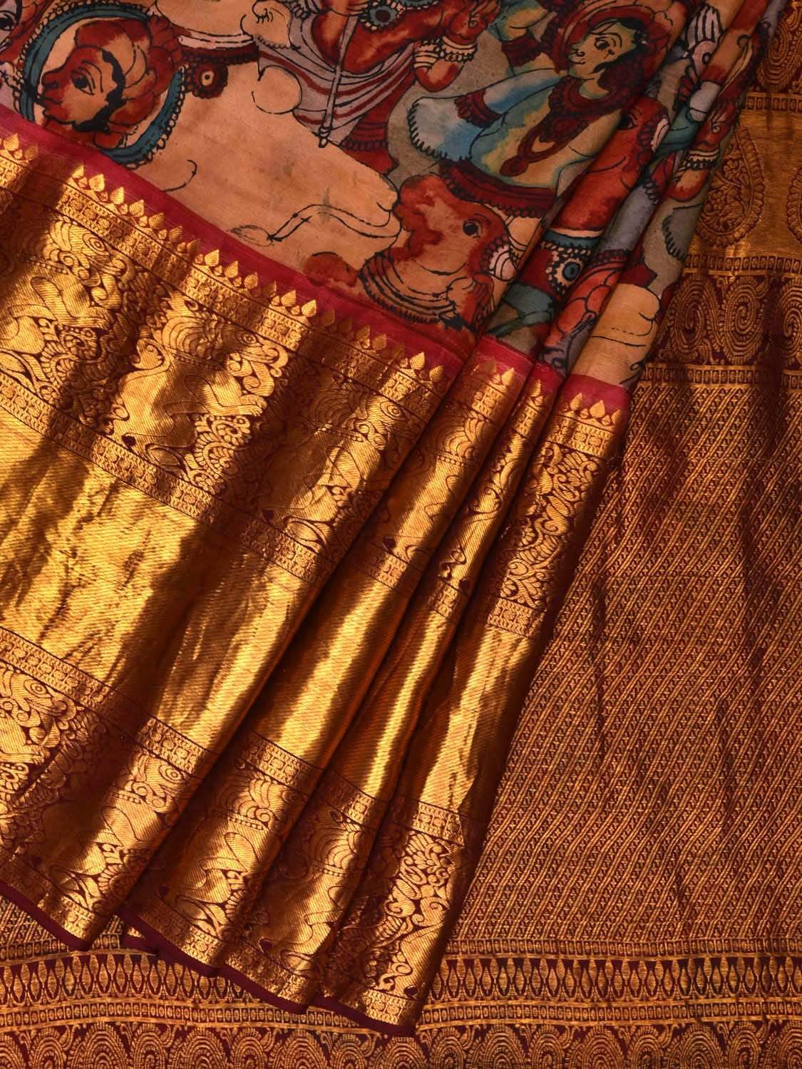 Multicolor Kalamkari Hand Painted Kanchipuram Silk Handloom Saree with Krishna Leela Design KL0533