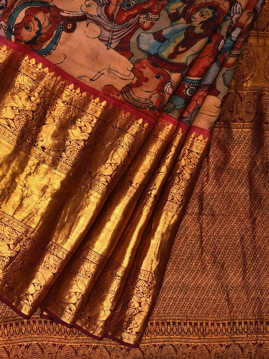 Multicolor Kalamkari Hand Painted Kanchipuram Silk Handloom Saree with Krishna Leela Design KL0533