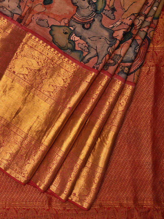 Multicolor Kalamkari Hand Painted Kanchipuram Silk Handloom Saree with Krishna Leela Design KL0541