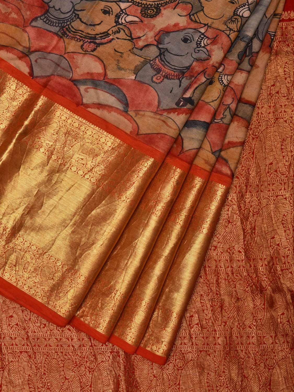 Multicolor Kalamkari Hand Painted Kanchipuram Silk Handloom Saree with Krishna Leela Design KL0543