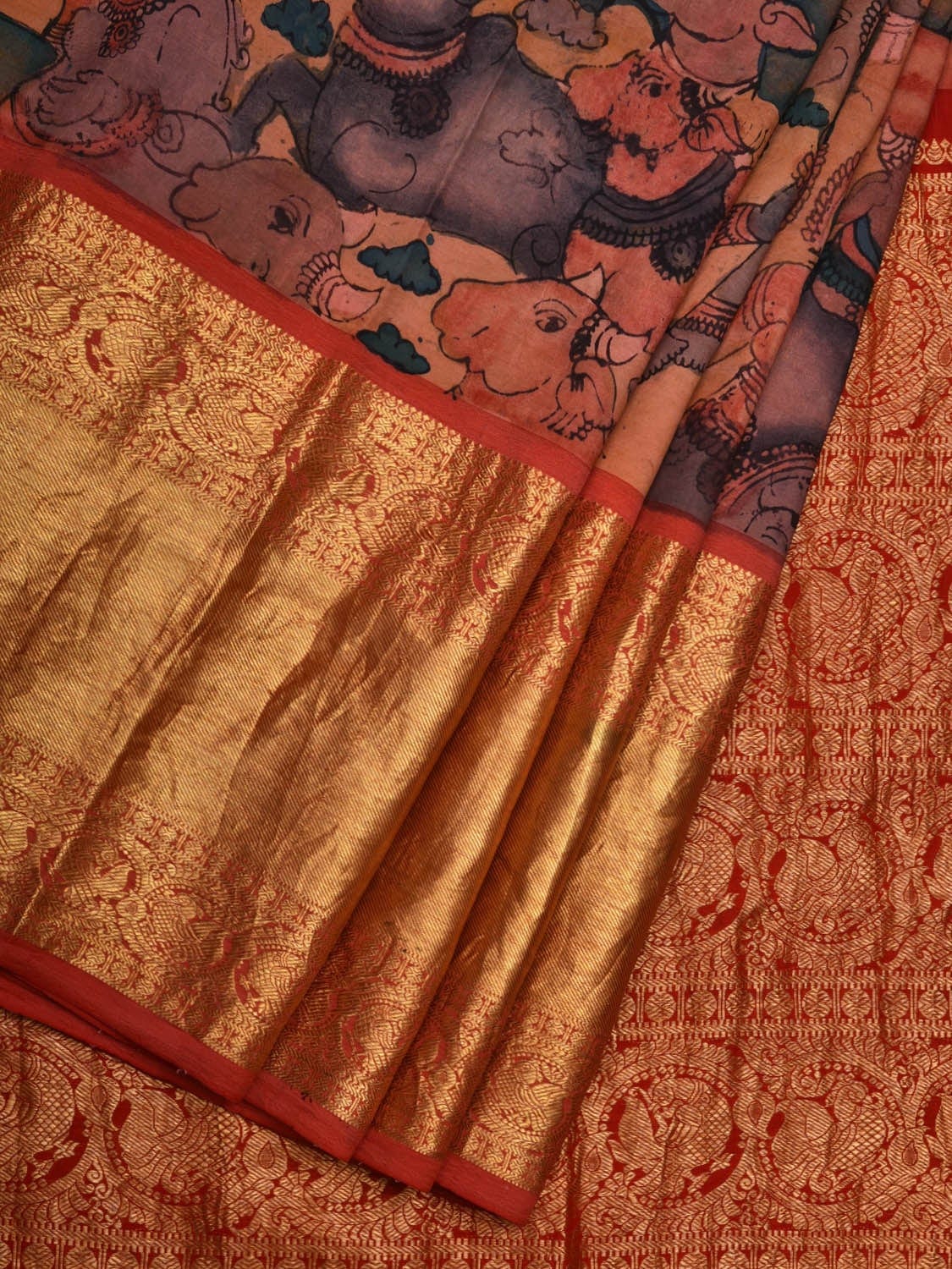 Multicolor Kalamkari Hand Painted Kanchipuram Silk Handloom Saree with Krishna Leela Design KL0585
