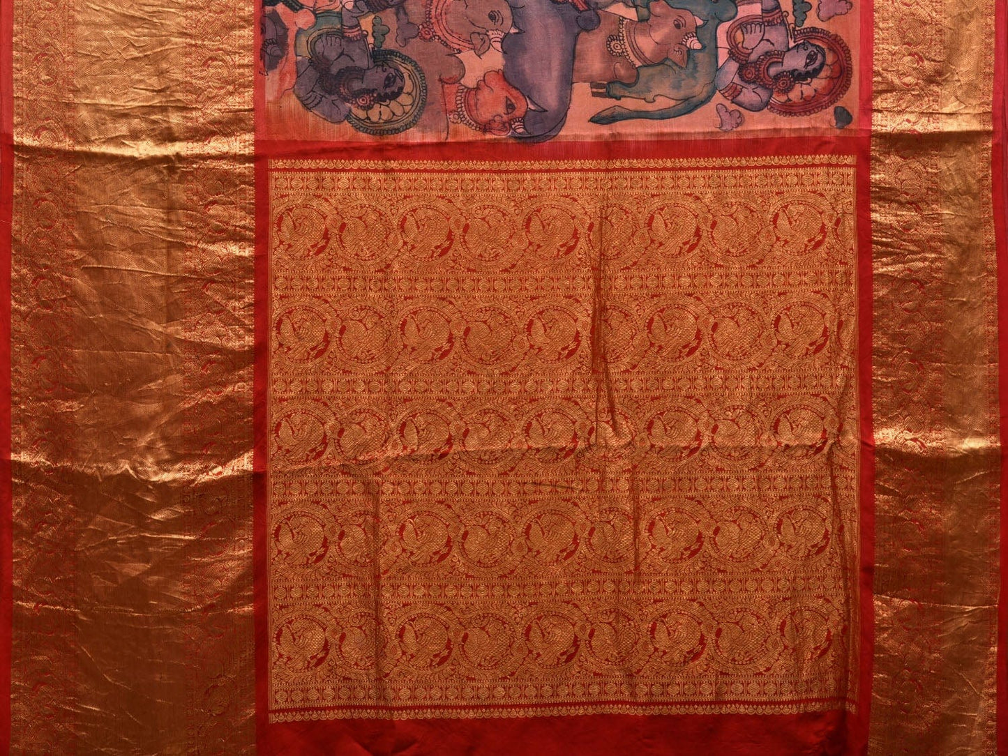 Multicolor Kalamkari Hand Painted Kanchipuram Silk Handloom Saree with Krishna Leela Design KL0585