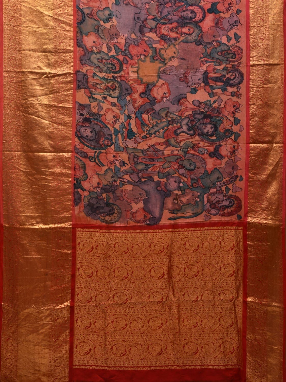 Multicolor Kalamkari Hand Painted Kanchipuram Silk Handloom Saree with Krishna Leela Design KL0585