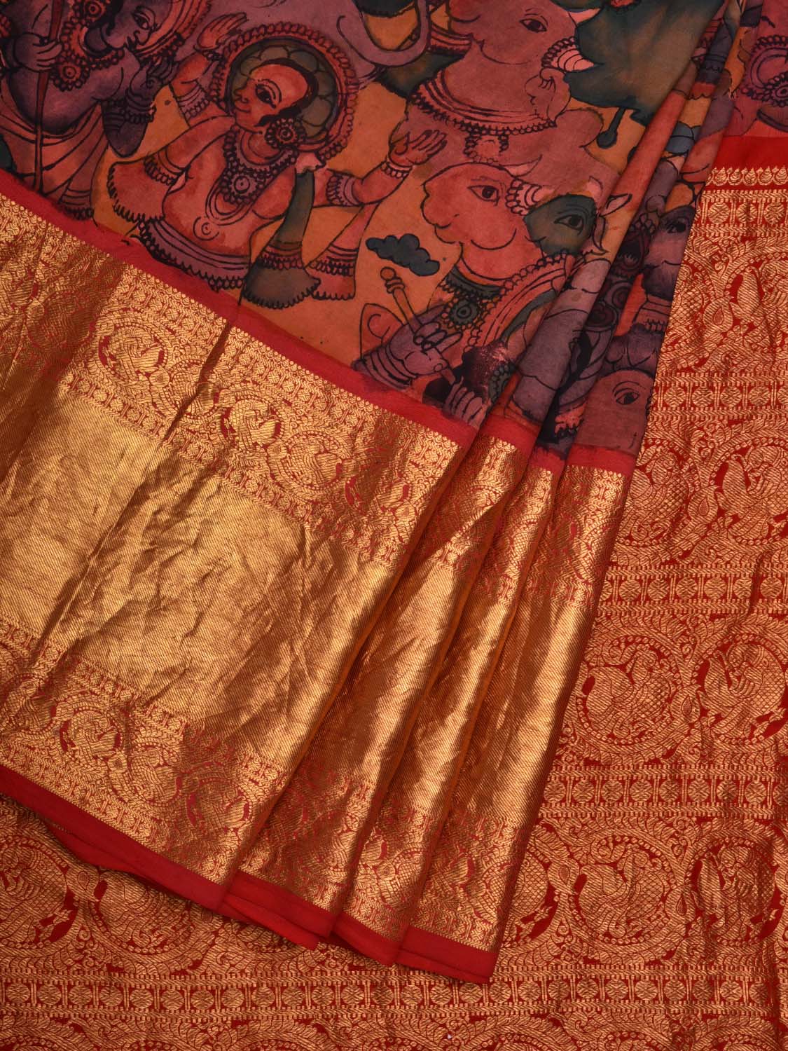 Multicolor Kalamkari Hand Painted Kanchipuram Silk Handloom Saree with Krishna Leela Design KL0587