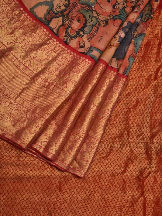 Multicolor Kalamkari Hand Painted Kanchipuram Silk Handloom Saree with Krishna Leela Design KL0588
