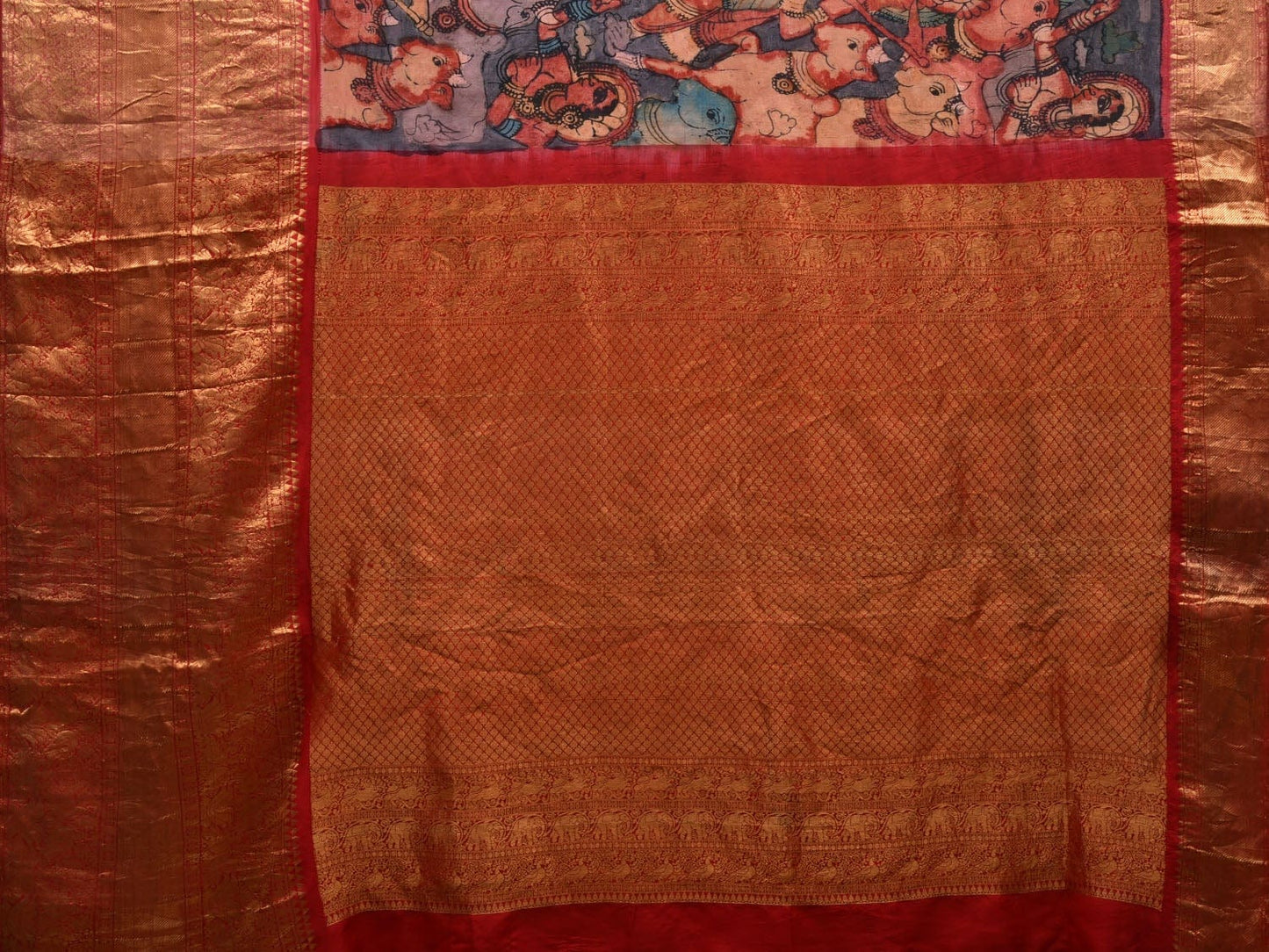 Multicolor Kalamkari Hand Painted Kanchipuram Silk Handloom Saree with Krishna Leela Design KL0588