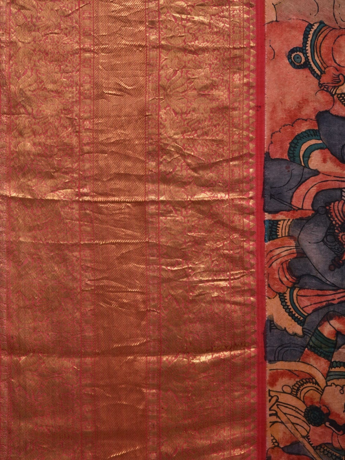 Multicolor Kalamkari Hand Painted Kanchipuram Silk Handloom Saree with Krishna Leela Design KL0588