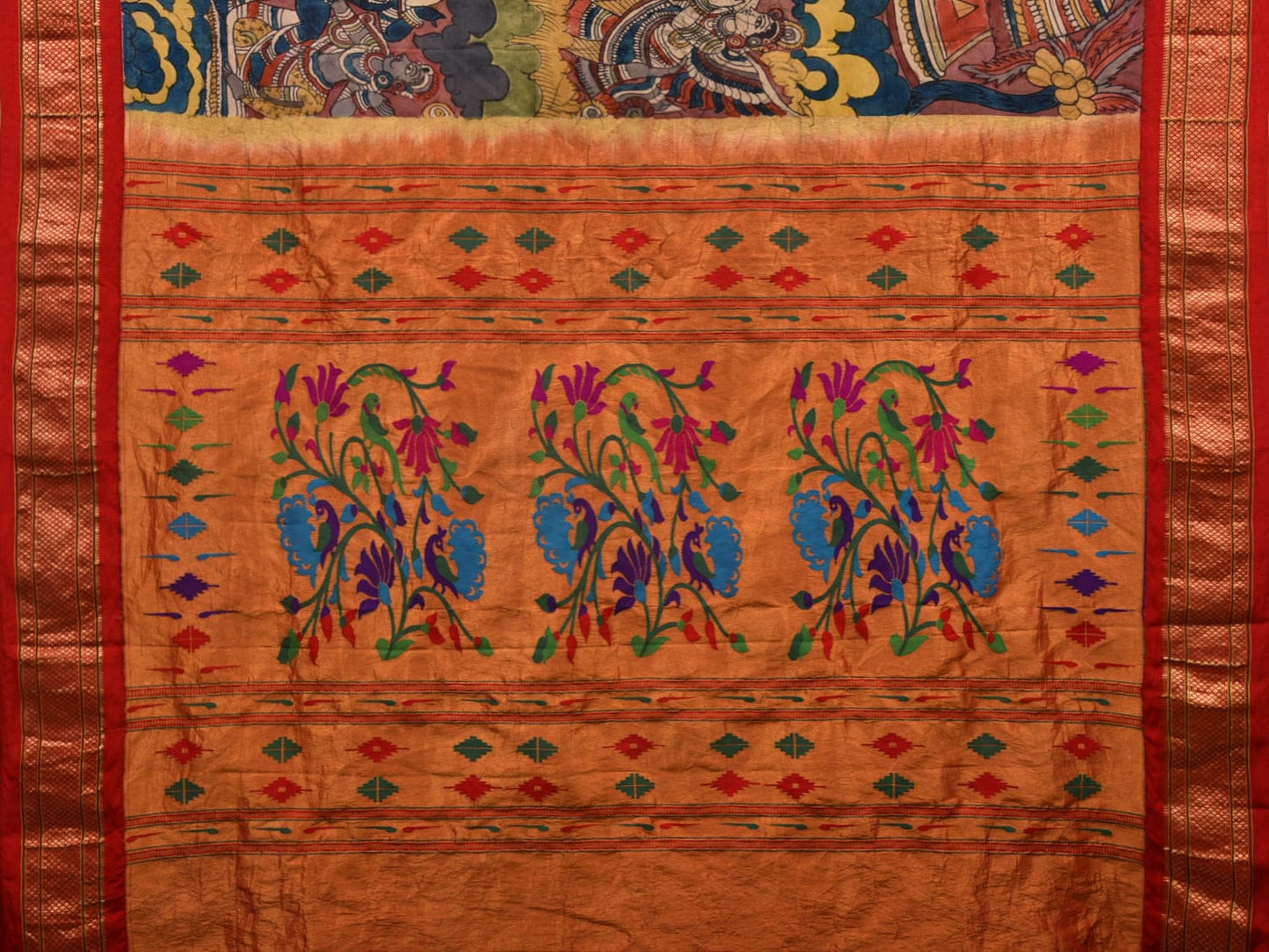Multicolor Kalamkari Hand Painted Kanchipuram Silk Handloom Saree with Krishna Story Design KL0645