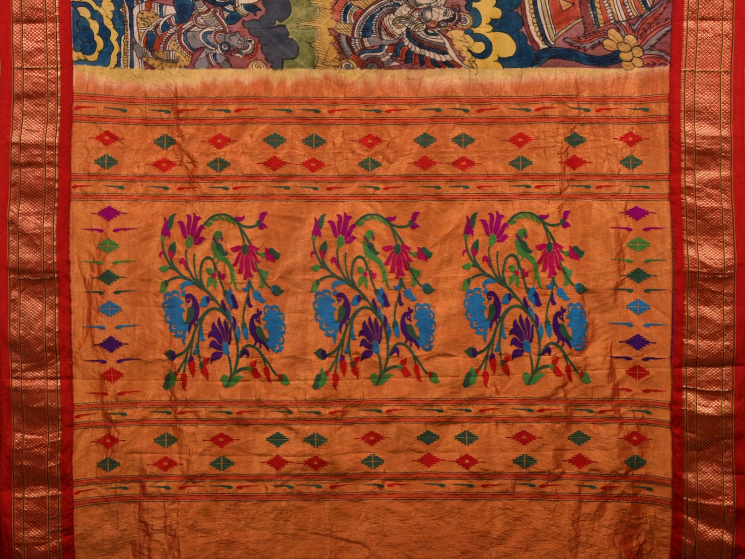 Multicolor Kalamkari Hand Painted Kanchipuram Silk Handloom Saree with Krishna Story Design KL0645