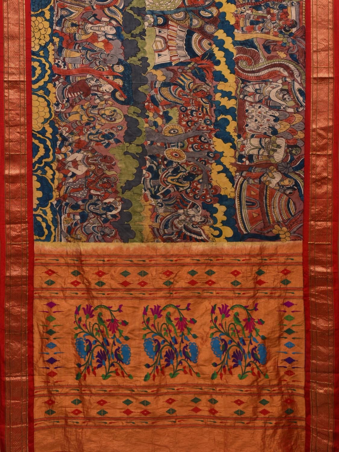 Multicolor Kalamkari Hand Painted Kanchipuram Silk Handloom Saree with Krishna Story Design KL0645