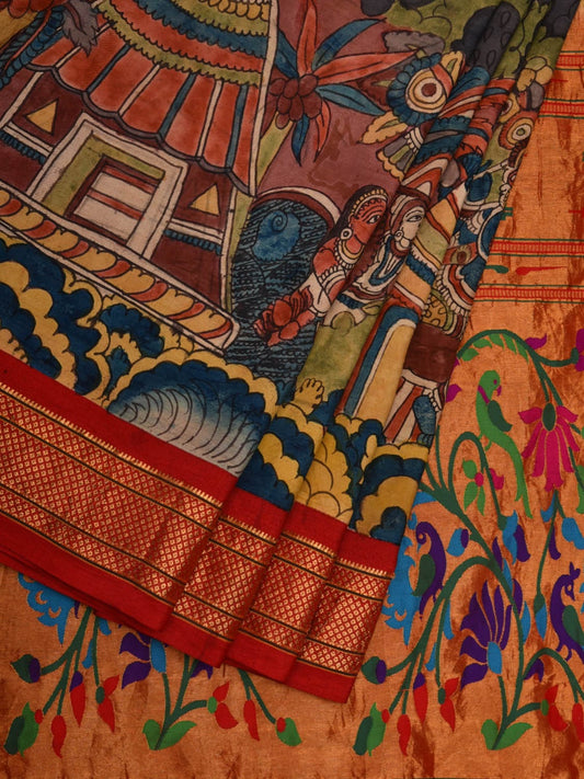 Multicolor Kalamkari Hand Painted Kanchipuram Silk Handloom Saree with Krishna Story Design KL0645