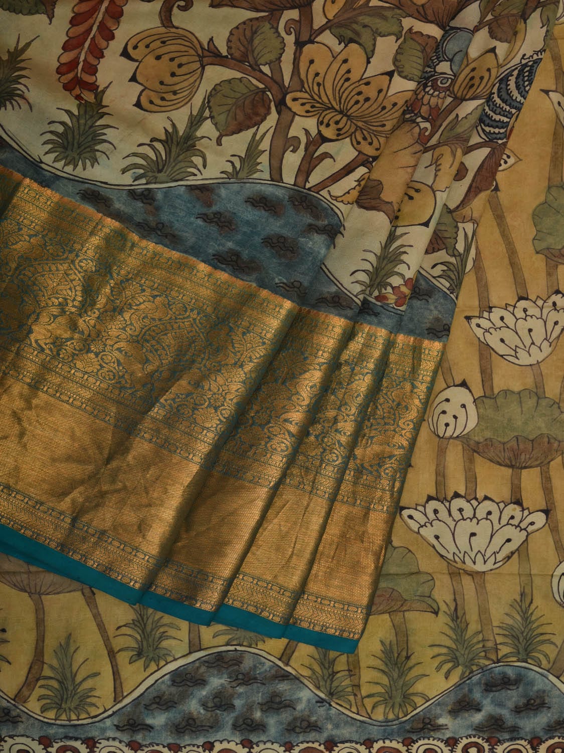 Multicolor Kalamkari Hand Painted Kanchipuram Silk Handloom Saree with Lotus Flowers and Birds Design KL0684
