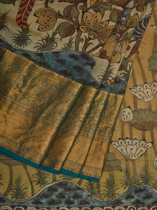 Multicolor Kalamkari Hand Painted Kanchipuram Silk Handloom Saree with Lotus Flowers and Birds Design KL0684