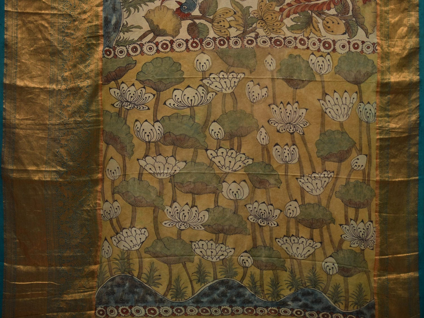 Multicolor Kalamkari Hand Painted Kanchipuram Silk Handloom Saree with Lotus Flowers and Birds Design KL0684