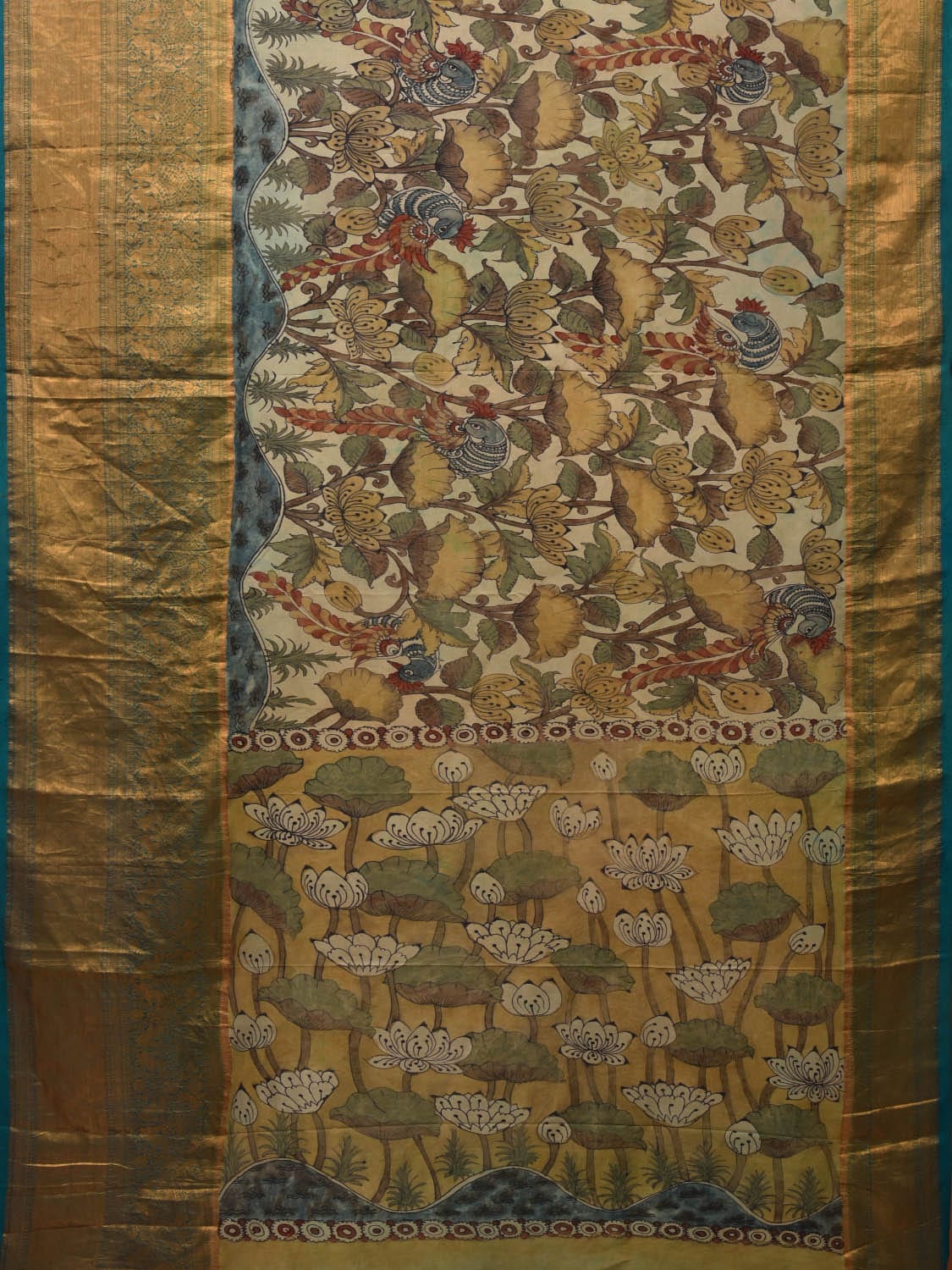 Multicolor Kalamkari Hand Painted Kanchipuram Silk Handloom Saree with Lotus Flowers and Birds Design KL0684