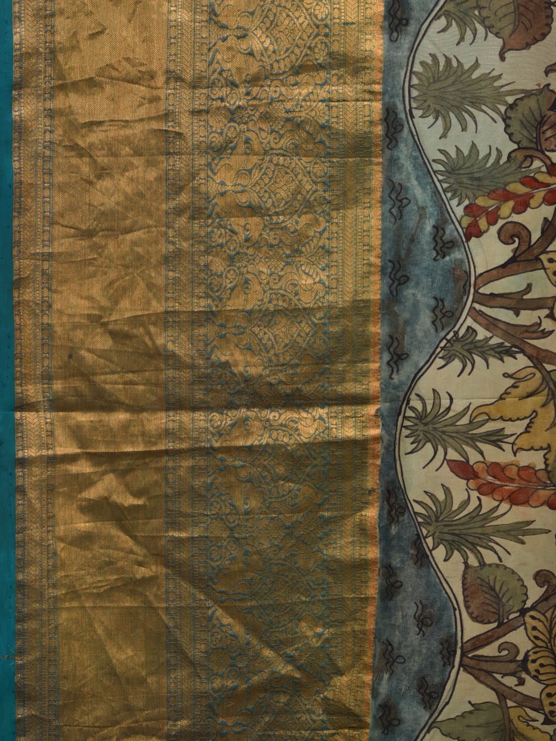 Multicolor Kalamkari Hand Painted Kanchipuram Silk Handloom Saree with Lotus Flowers and Birds Design KL0684