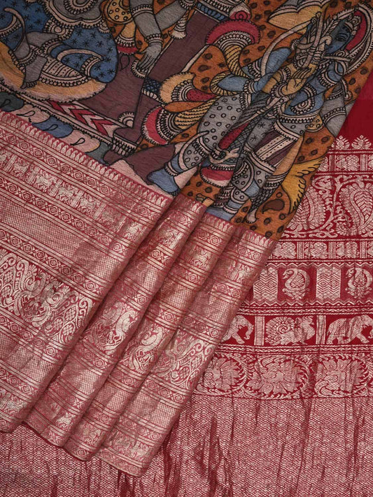 Multicolor Kalamkari Hand Painted Kanchipuram Silk Handloom Saree with Mythological Design KL0490