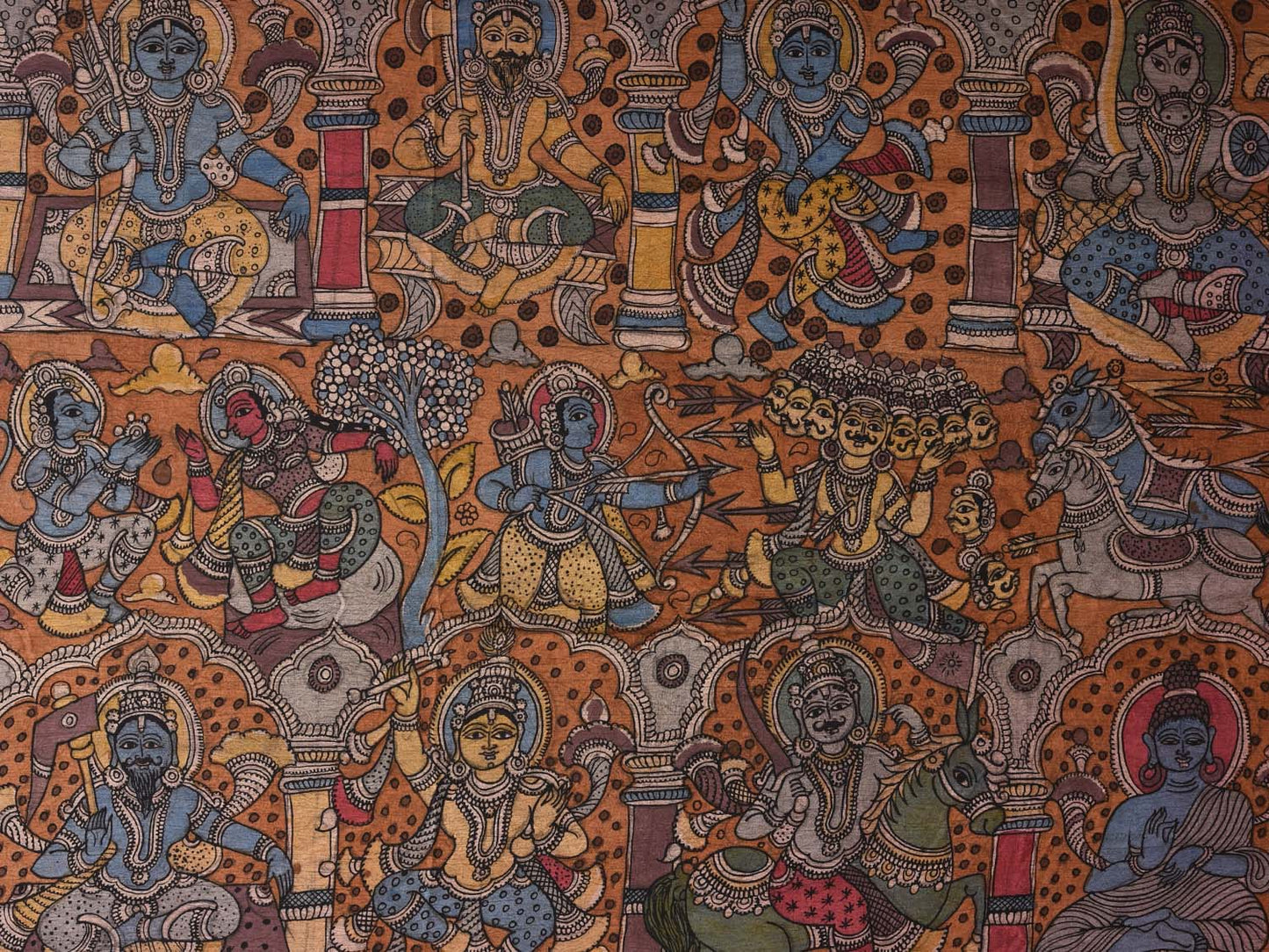 Multicolor Kalamkari Hand Painted Kanchipuram Silk Handloom Saree with Mythological Design KL0490