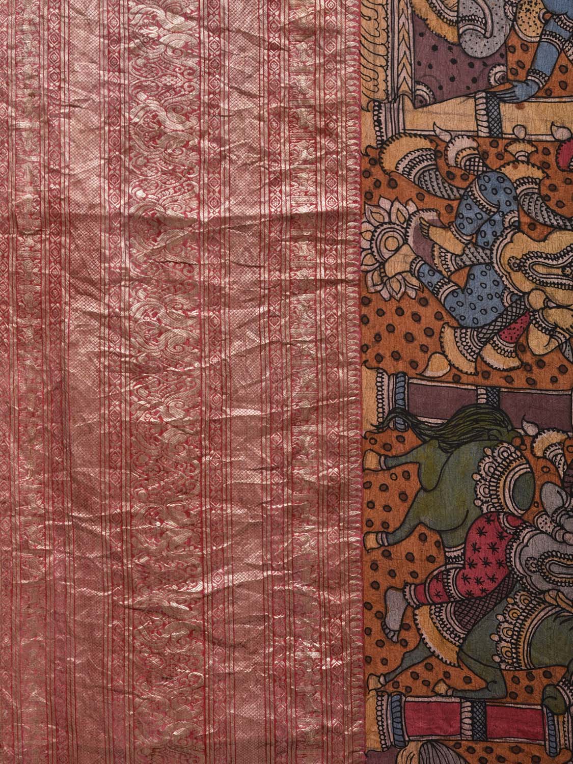 Multicolor Kalamkari Hand Painted Kanchipuram Silk Handloom Saree with Mythological Design KL0490