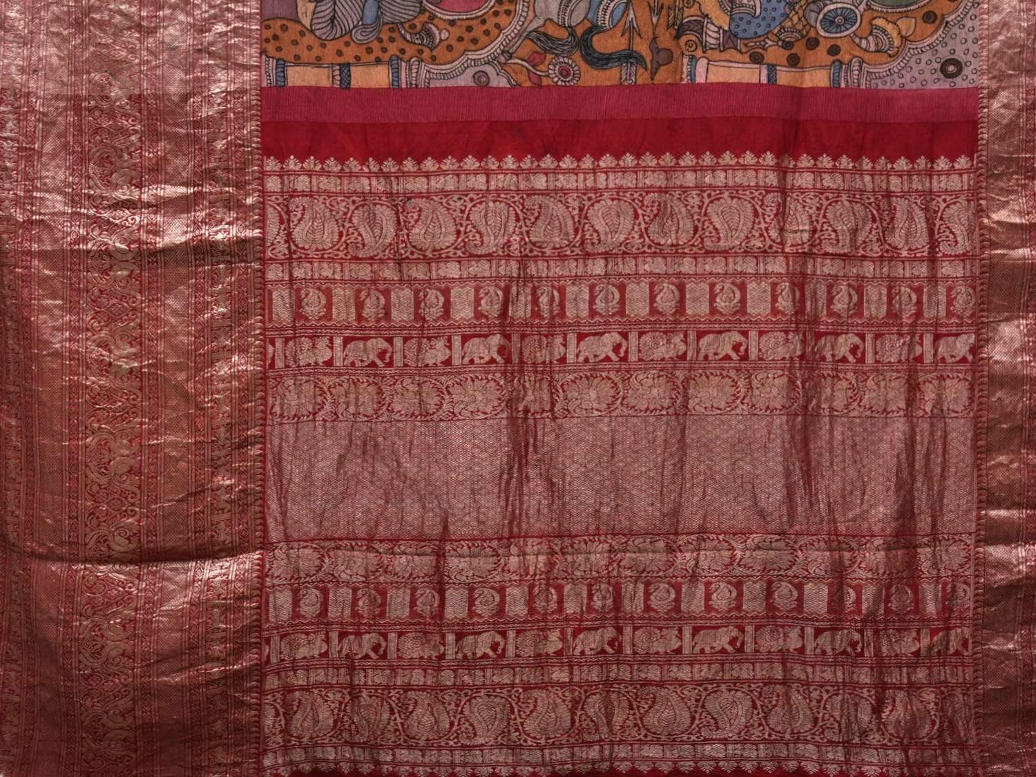 Multicolor Kalamkari Hand Painted Kanchipuram Silk Handloom Saree with Mythological Design KL0490