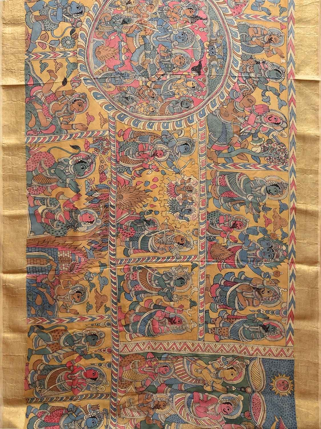 Multicolor Kalamkari Hand Painted Kanchipuram Silk Handloom Saree with Ramayana Design KL0794