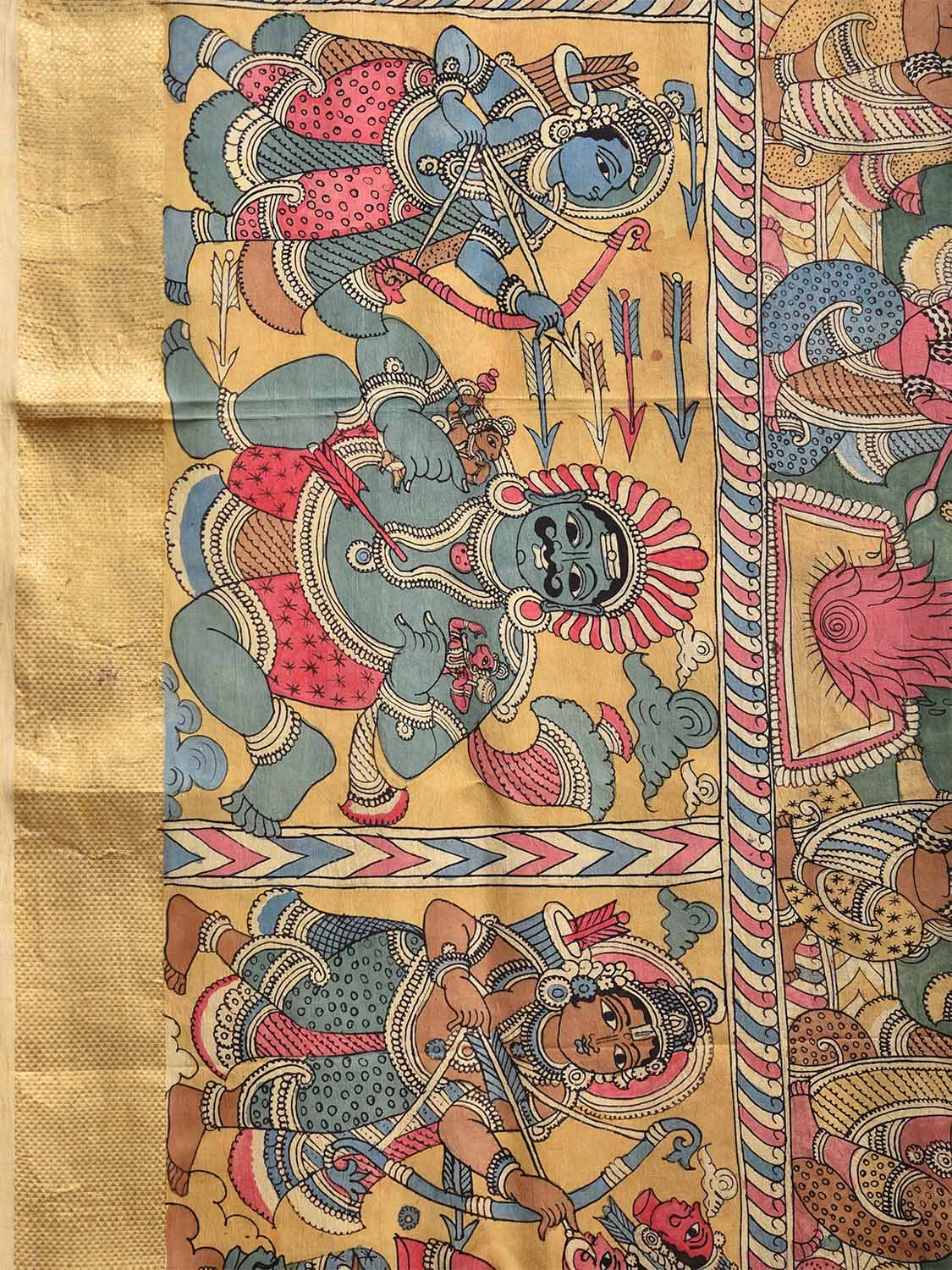 Multicolor Kalamkari Hand Painted Kanchipuram Silk Handloom Saree with Ramayana Design KL0794