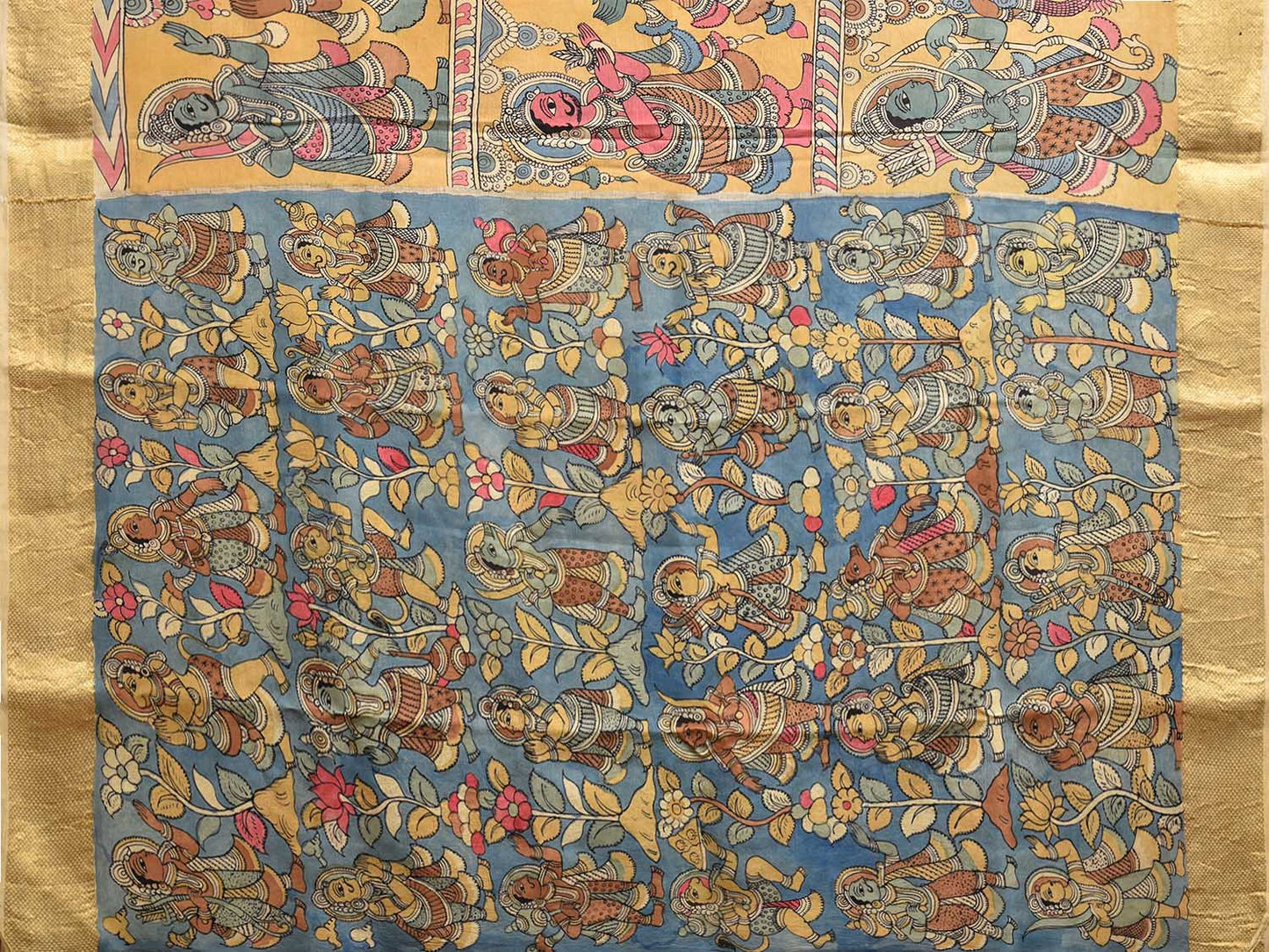 Multicolor Kalamkari Hand Painted Kanchipuram Silk Handloom Saree with Ramayana Design KL0794