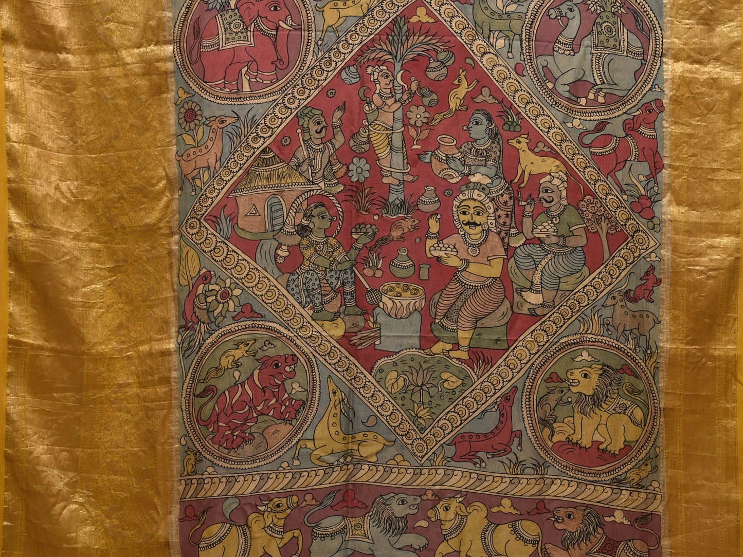 Multicolor Kalamkari Hand Painted Kanchipuram Silk Handloom Saree with Village Theme Design KL0704