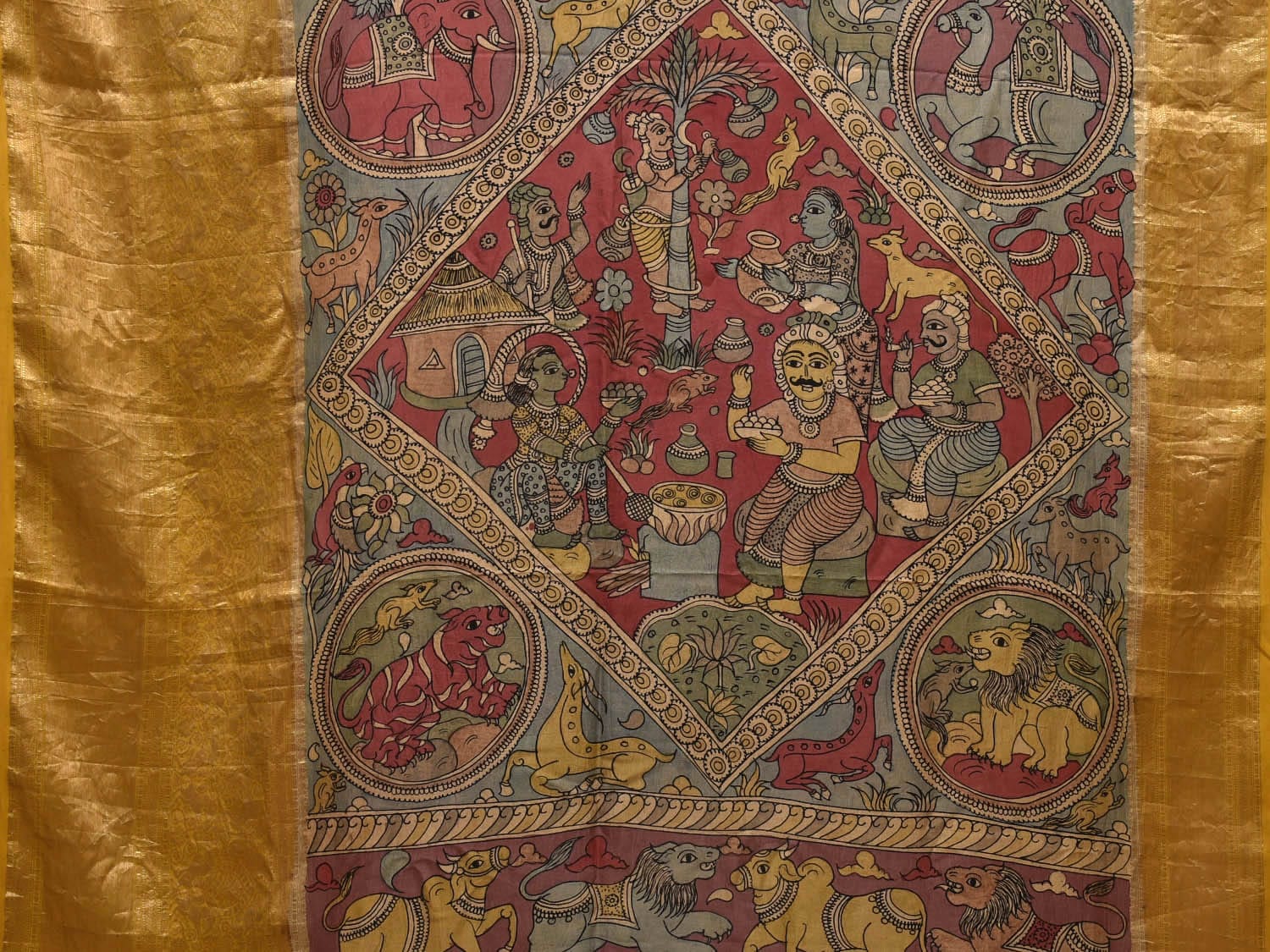 Multicolor Kalamkari Hand Painted Kanchipuram Silk Handloom Saree with Village Theme Design KL0704