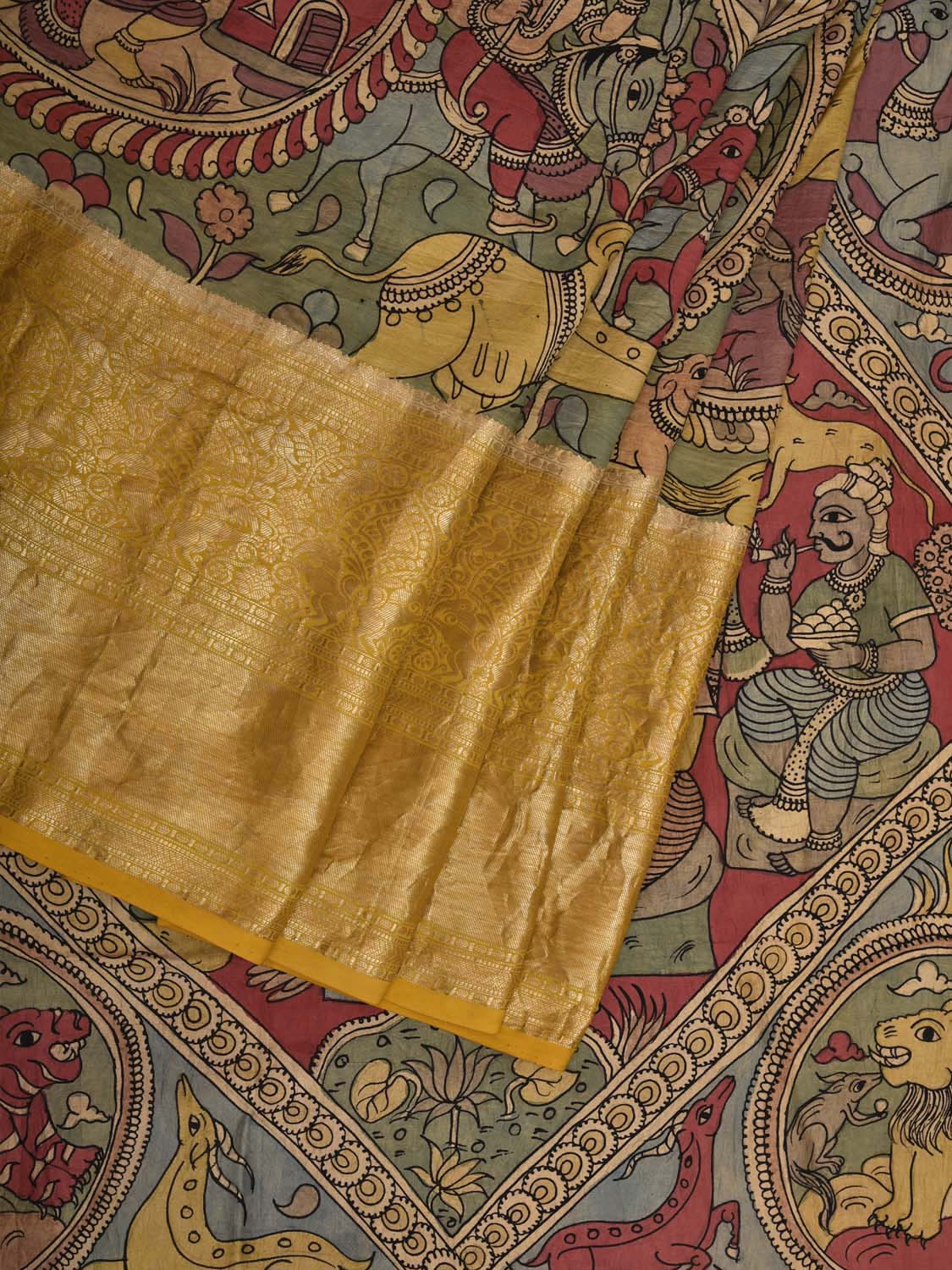 Multicolor Kalamkari Hand Painted Kanchipuram Silk Handloom Saree with Village Theme Design KL0704