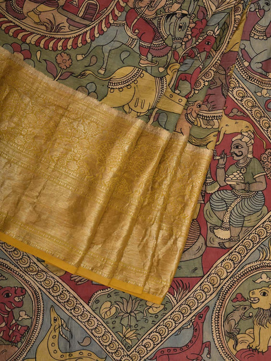 Multicolor Kalamkari Hand Painted Kanchipuram Silk Handloom Saree with Village Theme Design KL0704