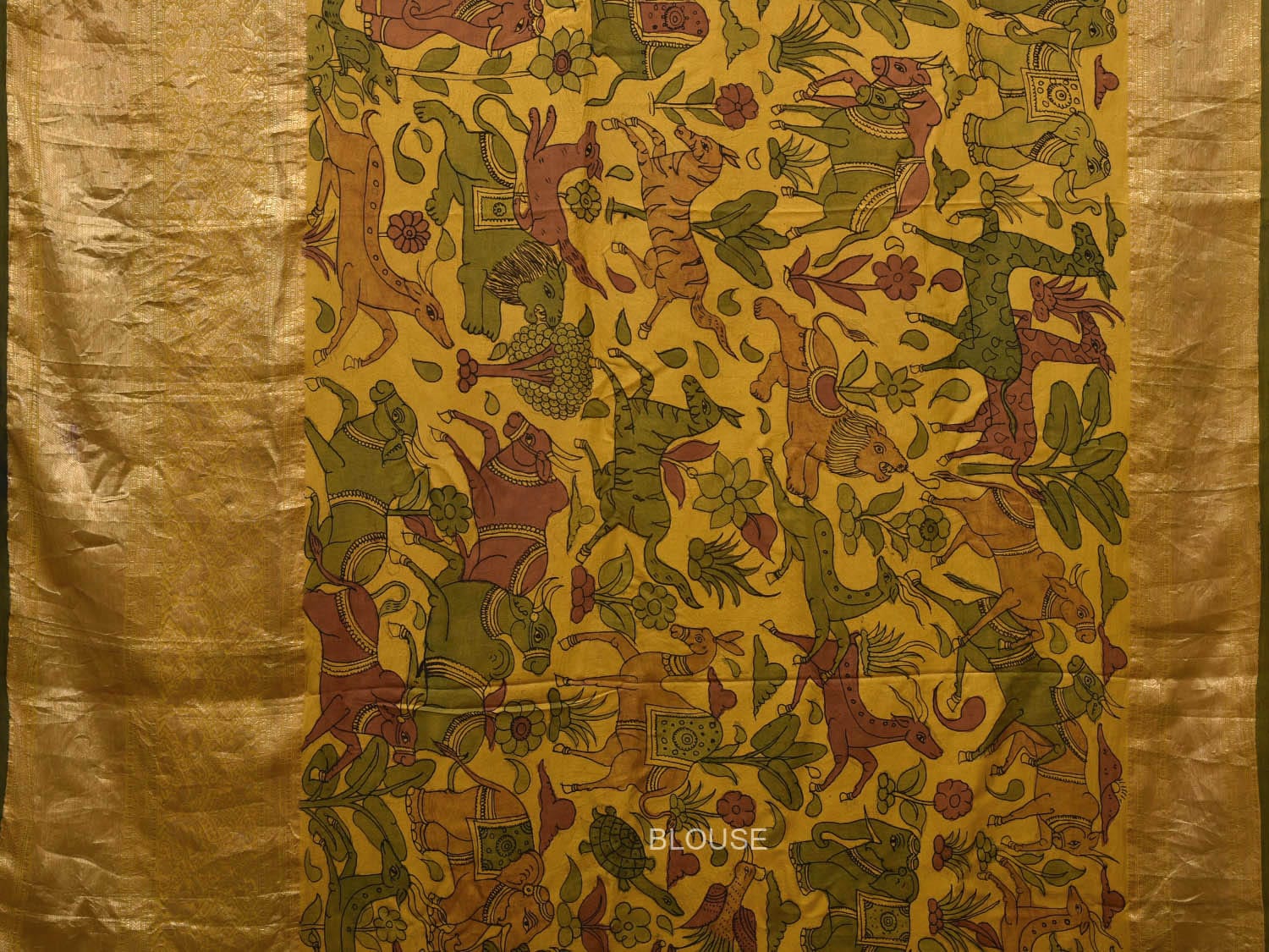 Multicolor Kalamkari Hand Painted Kanchipuram Silk Handloom Saree with Village Theme Design KL0704