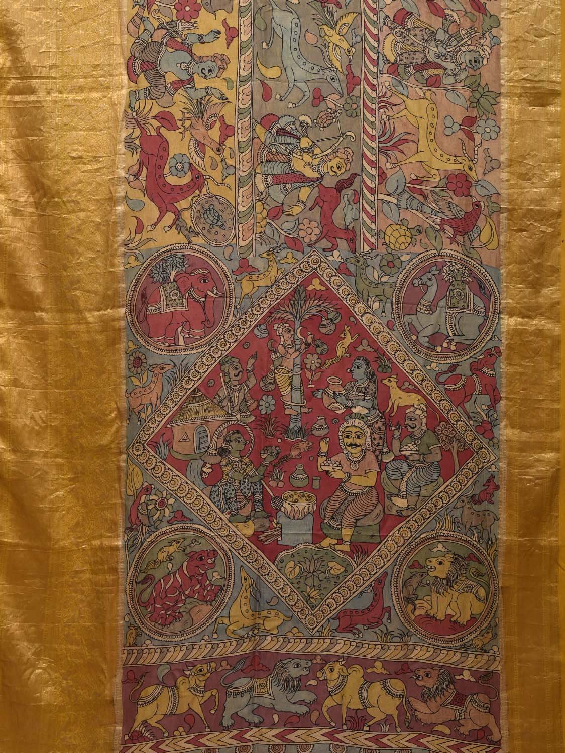 Multicolor Kalamkari Hand Painted Kanchipuram Silk Handloom Saree with Village Theme Design KL0704