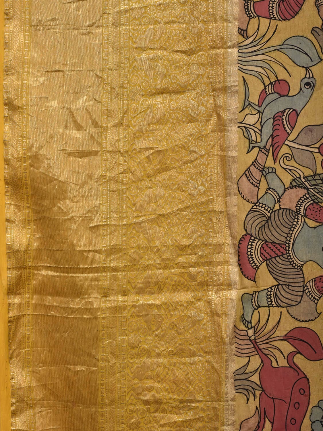 Multicolor Kalamkari Hand Painted Kanchipuram Silk Handloom Saree with Village Theme Design KL0704