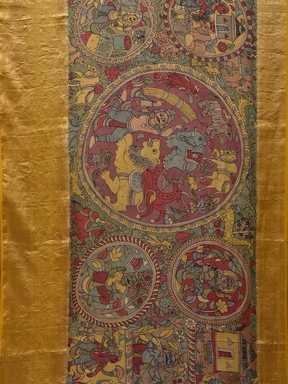 Multicolor Kalamkari Hand Painted Kanchipuram Silk Handloom Saree with Village Theme Design KL0704