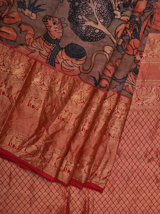 Multicolor Kalamkari Hand Painted Kanchipuram Silk Handloom Saree with Villagers and Animals Design No Blouse KL0610