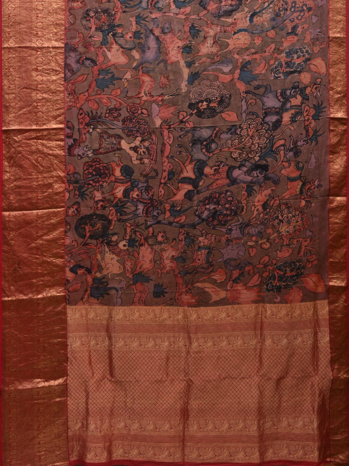 Multicolor Kalamkari Hand Painted Kanchipuram Silk Handloom Saree with Villagers and Animals Design No Blouse KL0610