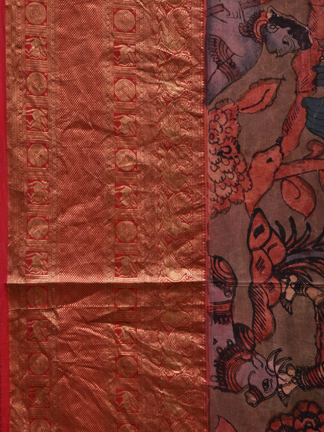 Multicolor Kalamkari Hand Painted Kanchipuram Silk Handloom Saree with Villagers and Animals Design No Blouse KL0610