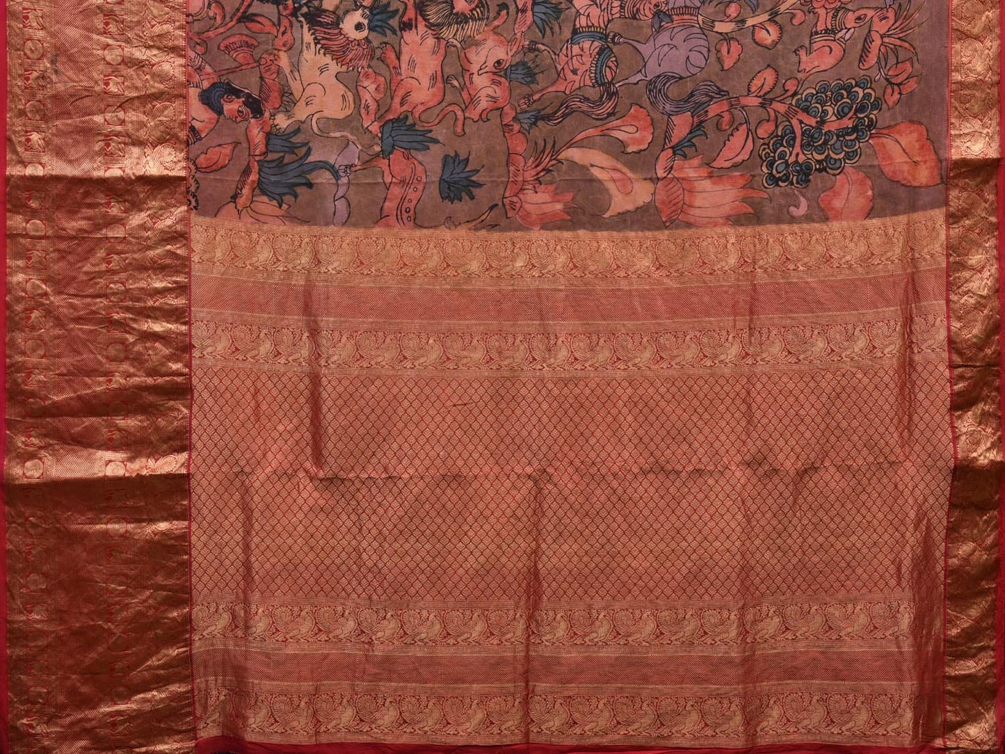 Multicolor Kalamkari Hand Painted Kanchipuram Silk Handloom Saree with Villagers and Animals Design No Blouse KL0610