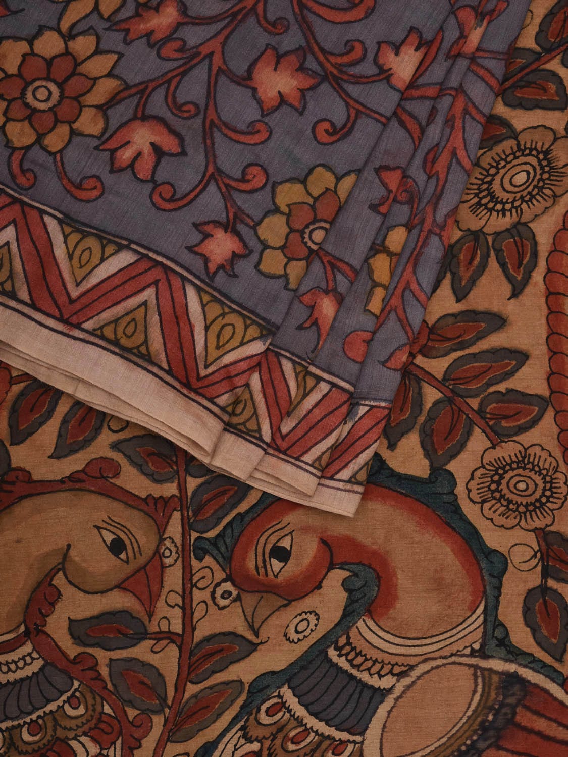 Multicolor Kalamkari Hand Painted Muga Silk Handloom Saree with Floral and Peacocks Pallu Design KL0593