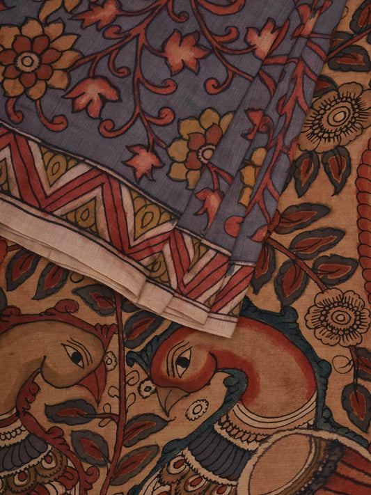Multicolor Kalamkari Hand Painted Muga Silk Handloom Saree with Floral and Peacocks Pallu Design KL0593