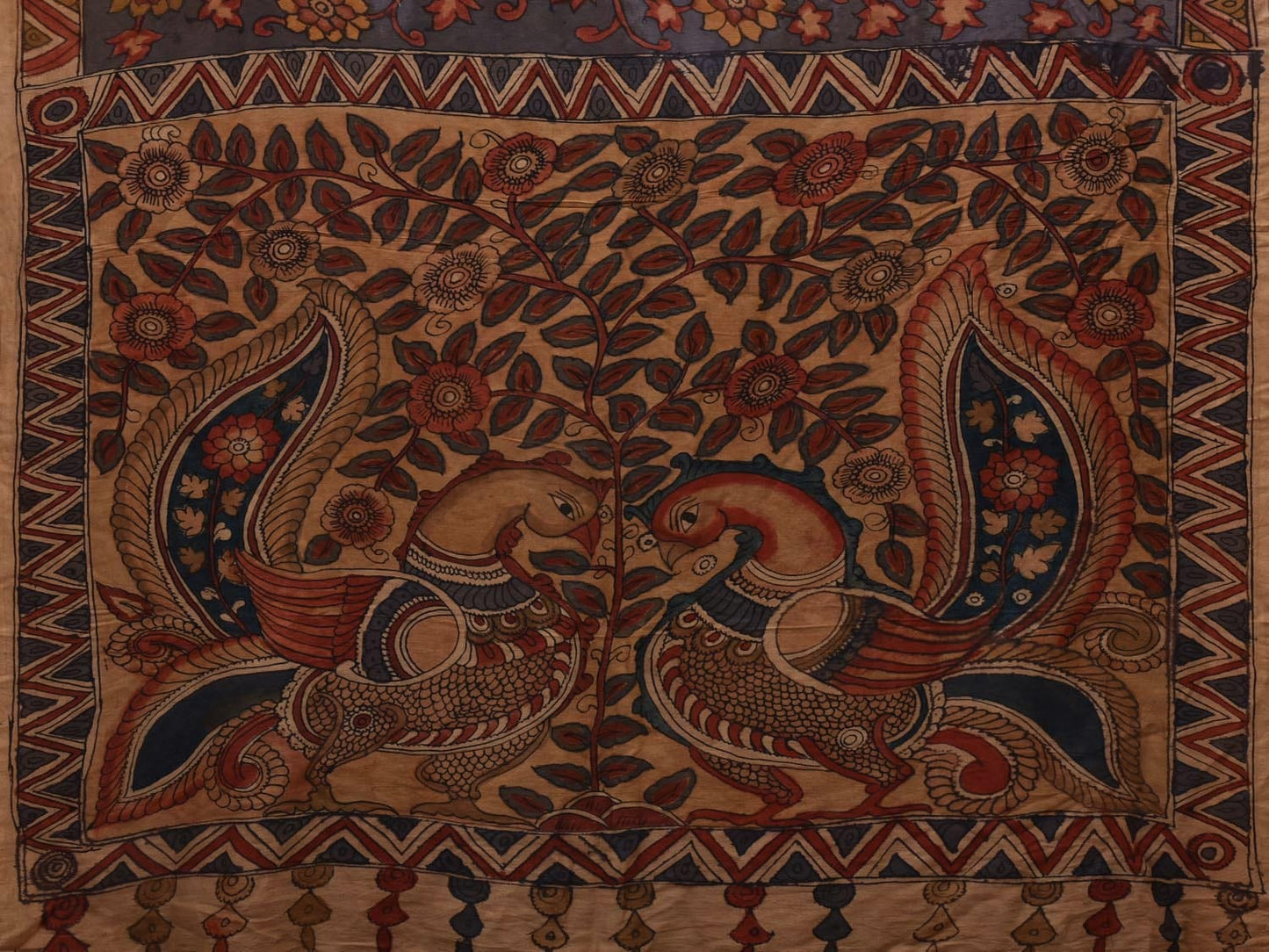 Multicolor Kalamkari Hand Painted Muga Silk Handloom Saree with Floral and Peacocks Pallu Design KL0593