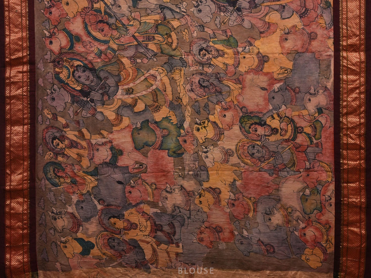 Multicolor Kalamkari Hand Painted Paithani Silk Handloom Saree with Krishna and Cows Design KL0614